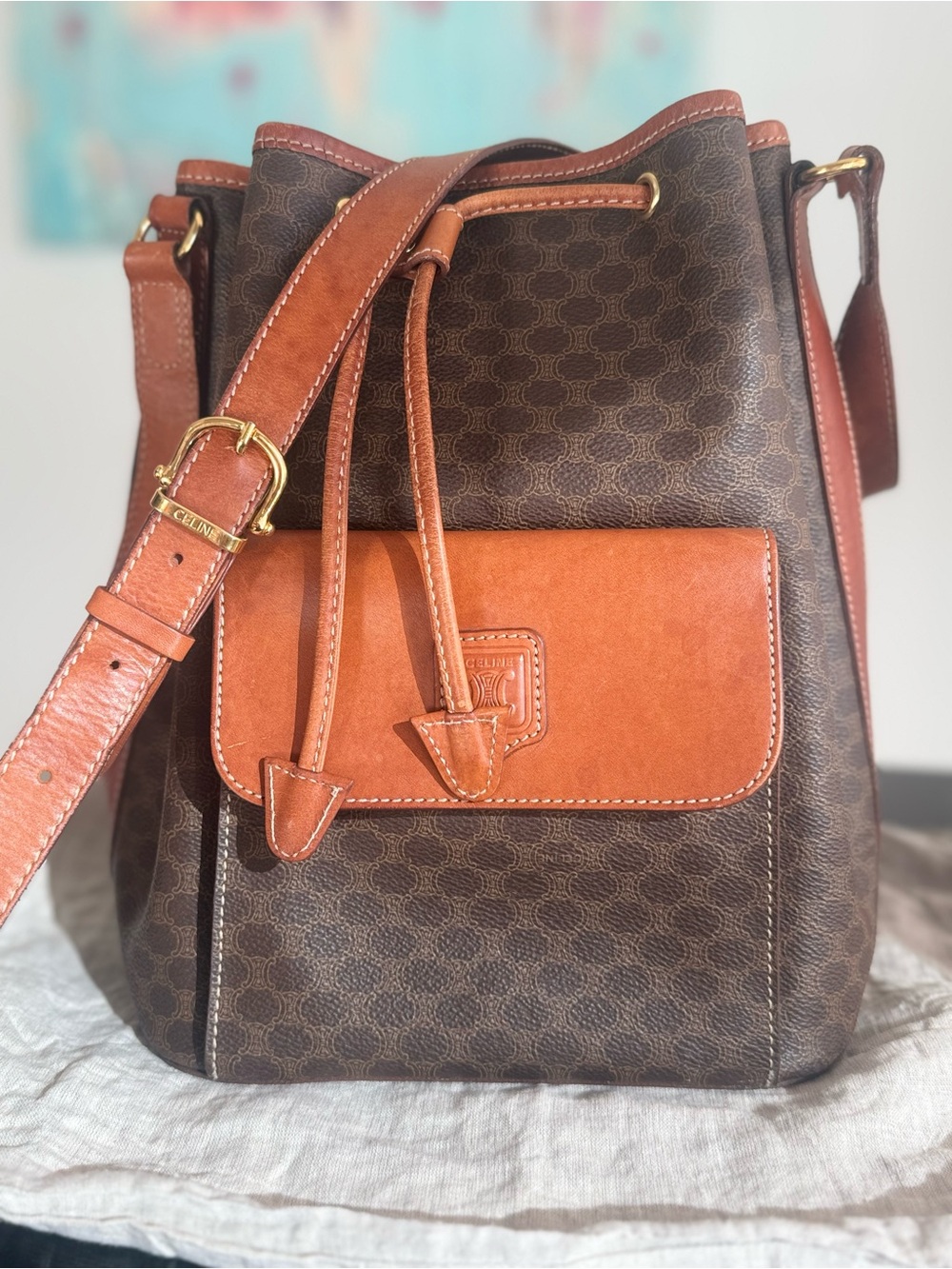 EUC Vintage Celine Macadam Drawstring Bucket Bag
